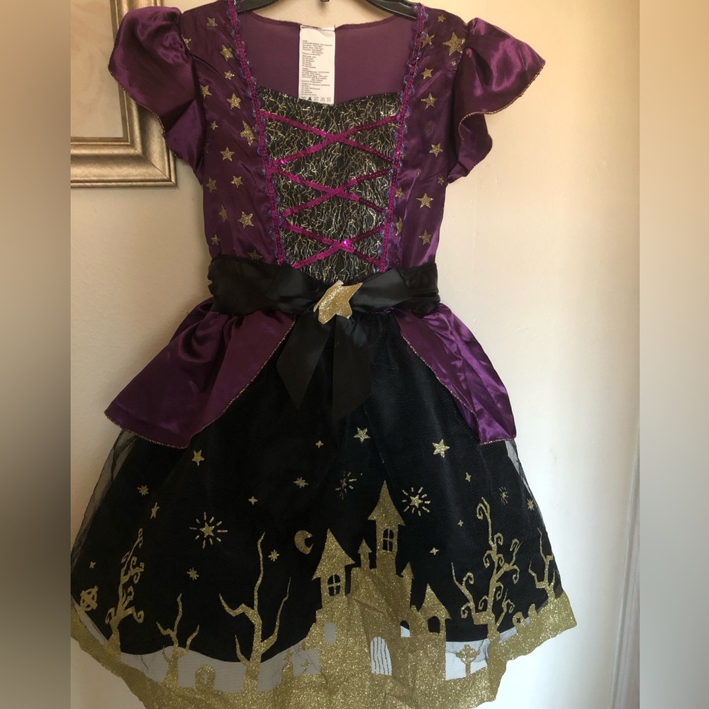 Glow in the dark Purple and Black Girls' Witch Costume with Gold Accents